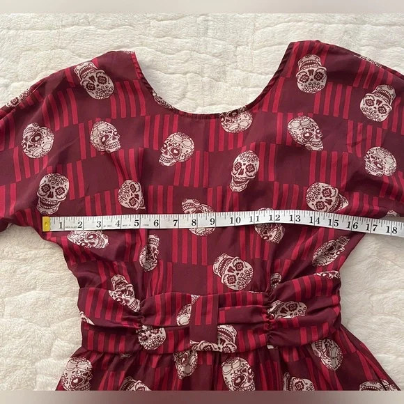 XHILARATION SUGAR SKULL PRINT FIT AND FLARE MINI DRESS RED size S - Picture 7 of 8